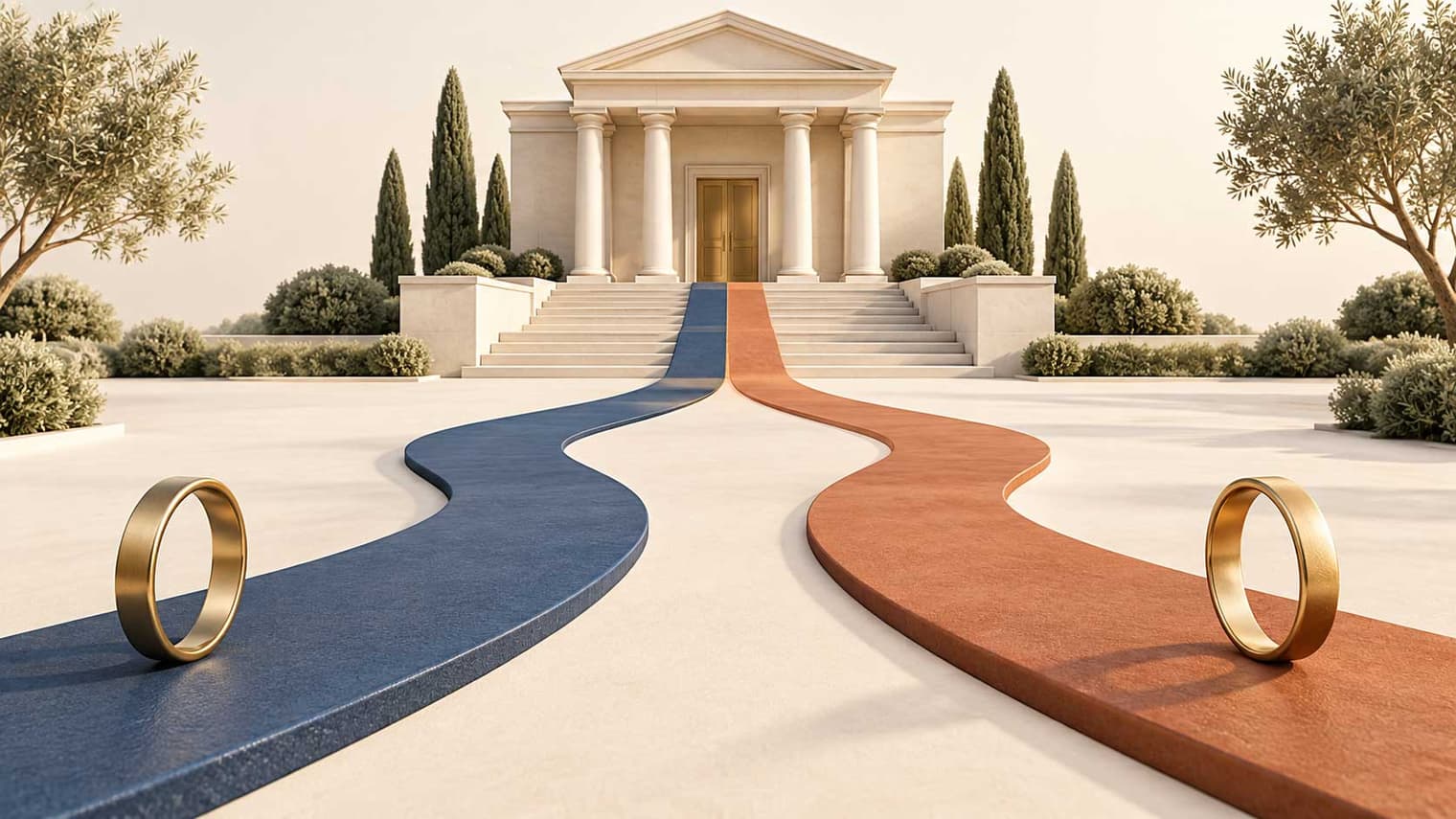 Illustration of two paths, one blue and one orange, each beginning at a gold wedding ring and meeting at the steps of a courthouse